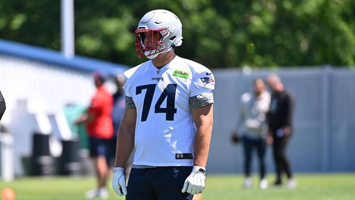  Jun 9, 2026; Foxborough, MA, USA; New England Patriots tackle Caleb Lomu (74) looks on at minicamp at Gillette Stadium. Mandatory Credit: Eric Canha-Imagn Images | Eric Canha-Imagn Images 