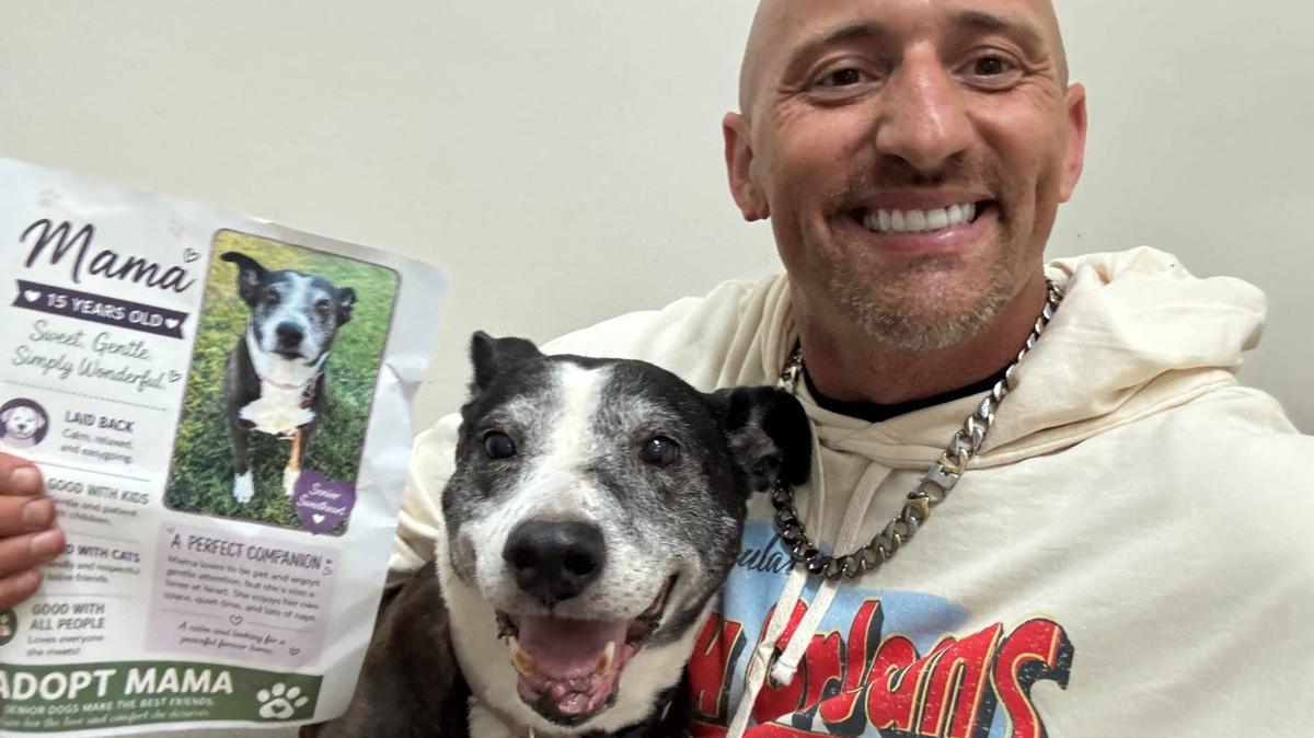 Kris Rotonda from Jordan's Way and Mama, 15-year-old shelter dog.