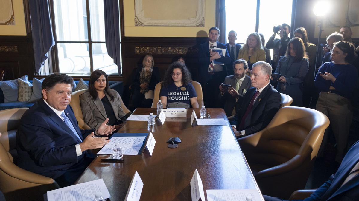 Illinois Gov. JB Pritzker answers questions after a roundtable about housing in his ceremonial office following his annual State of the State and budget address on Feb. 18, 2026, at the Illinois State Capitol in Springfield, Illinois. (Brian Cassella/Chicago Tribune/TNS)