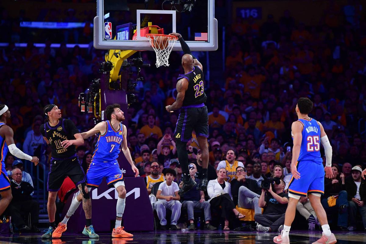 Los Angeles Lakers forward LeBron James dunks in his team's playoff game against the Oklahoma City Thunder at Crypto.com Arena on May 11, 2026. Gary A. Vasquez-Imagn Images