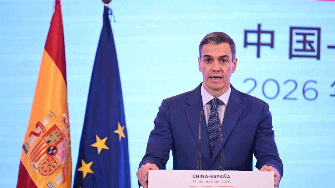 Pedro Sanchez, Spain's Prime Minister, speaks during a press conference. Sanchez had previously met with Chian's President Xi Jinping during his trip to China. (Johannes Neudecker/dpa/TNS)