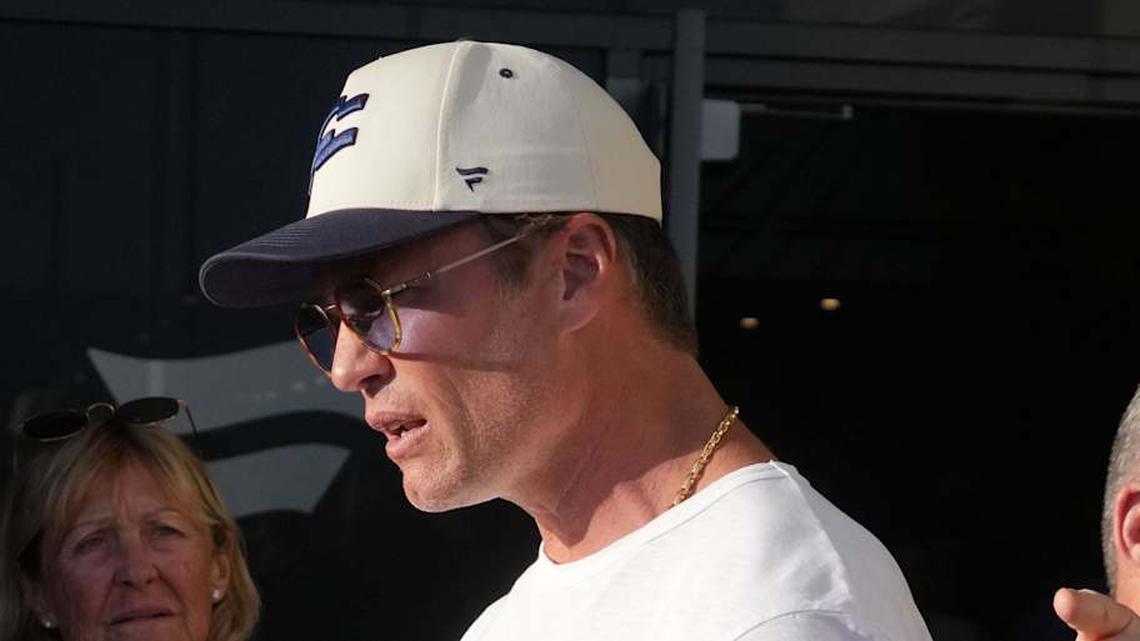  Mar 21, 2026; Los Angeles, CA, USA; Founders FFC quarterback Tom Brady (12) talks with fans during the Fanatics Flag Football Classic at BMO stadium. Mandatory Credit: Kirby Lee-Imagn Images | Kirby Lee-Imagn Images 