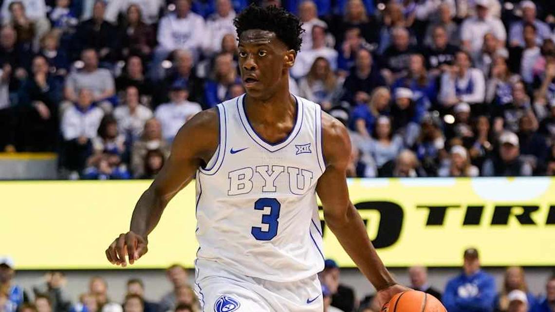  Mar 7, 2026; Provo, Utah, USA; BYU Cougars forward AJ Dybantsa (3) dribbles the ball during the first half against the Texas Tech Red Raiders at Marriott Center. Mandatory Credit: Aaron Baker-Imagn Images | Aaron Baker-Imagn Images 