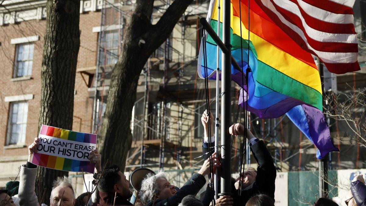 Supporters watch as local politicians and others raise an LGBTQ+ Pride flag in February at the Stonewall National Monument in New York City after the Trump administration had the National Park Service remove it earlier in the week. A Gallup poll released Wednesday shows people in the United States have pulled back from support of LGBTQ+ issues over the past few years. File Photo by John Angelillo/UPI