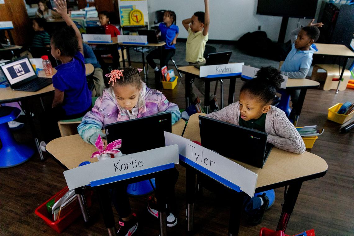  First grade students play a Kahoot quiz at the McKinley STEAM Academy. Credit: Sylvia Jarrus for The Hechinger Report