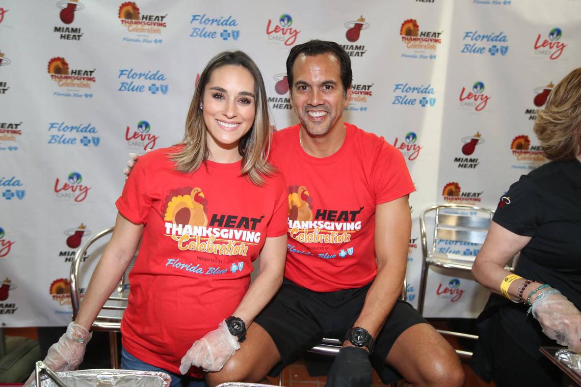  MIAMI, FL - NOVEMBER 19: Erik Spoelstra and Nikki Sapp of the Miami Heat participates in the Annual Thanksgiving Celebration on November 19, 2019 at the Miami Rescue Mission in Miami Florida. (Photo by Issac Baldizon/NBAE via Getty Images) 
