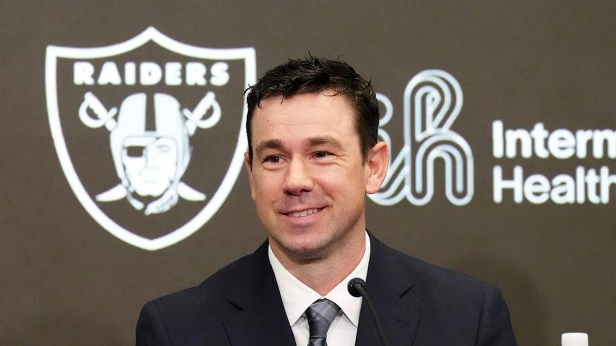  Feb 10, 2026; Henderson, NV, USA; Las Vegas Raiders coach Klint Kubiak speaks at introductory press conference at Intermountain Health Performance Center. Mandatory Credit: Kirby Lee-Imagn Images | Kirby Lee-Imagn Images 