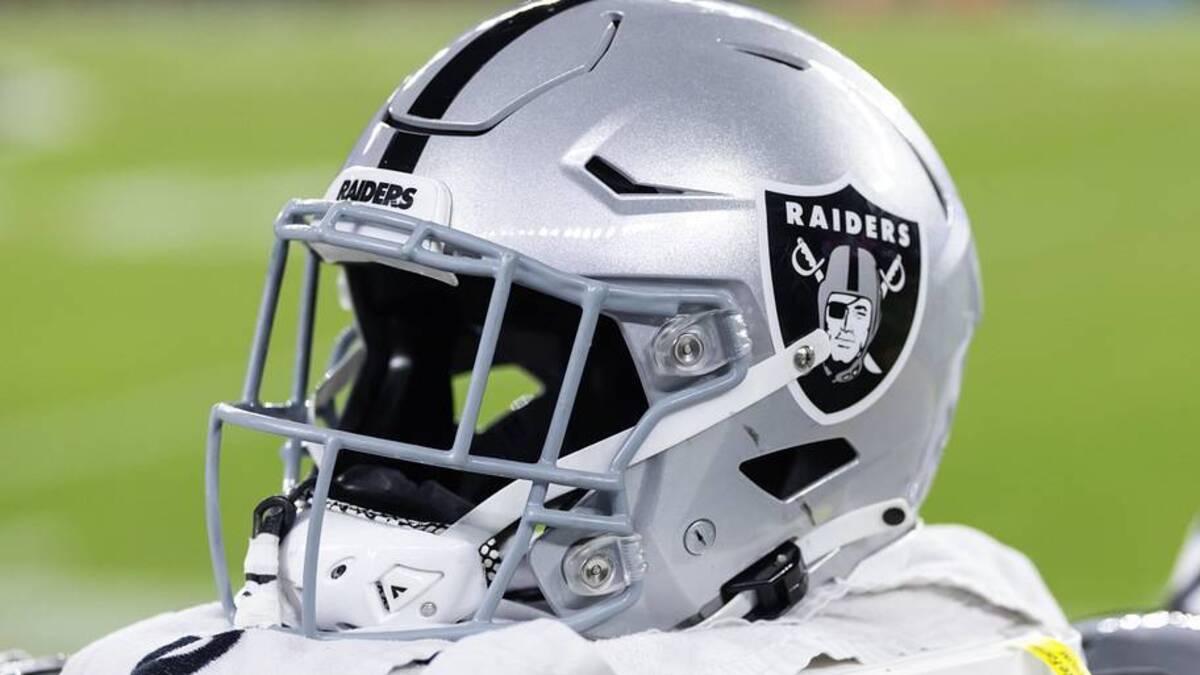 Aug 23, 2025; Glendale, Arizona, USA; Detailed view of a Las Vegas Raiders helmet during a preseason NFL game at State Farm Stadium. Mandatory Credit: Mark J. Rebilas-Imagn Images | Mark J. Rebilas-Imagn Images 
