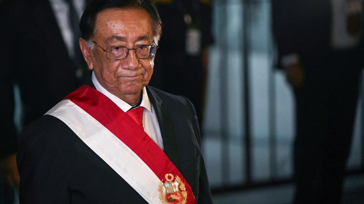 Peru's new interim President Jose Maria Balcazar gestures after his election at the National Congress in Lima on Feb. 18.