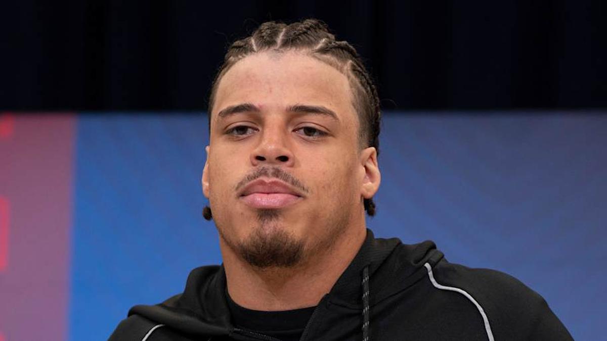  Feb 26, 2026; Indianapolis, IN, USA; Arizona defensive back Dalton Johnson (DB38) speaks to members of the media during the NFL Combine at the Indiana Convention Center. Mandatory Credit: Jacob Musselman-Imagn Images | Jacob Musselman-Imagn Images 