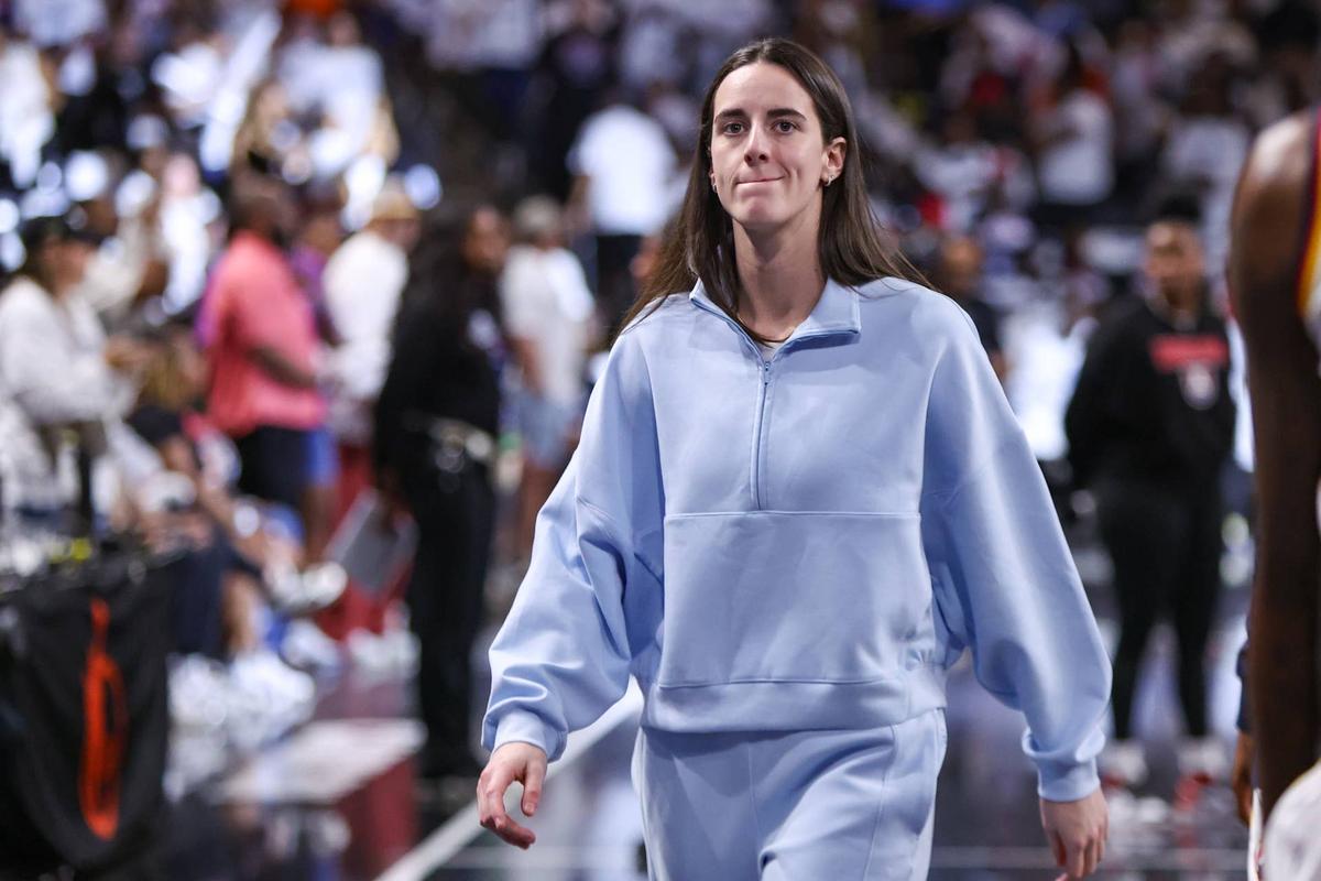  Sep 14, 2025; College Park, Georgia, USA; Indiana Fever guard Caitlin Clark (22) walks to the locker room against the Atlanta Dream at halftime during game one of round one for the 2025 WNBA Playoffs at Gateway Center Arena at College Park. Mandatory Credit: Brett Davis-Imagn Images 