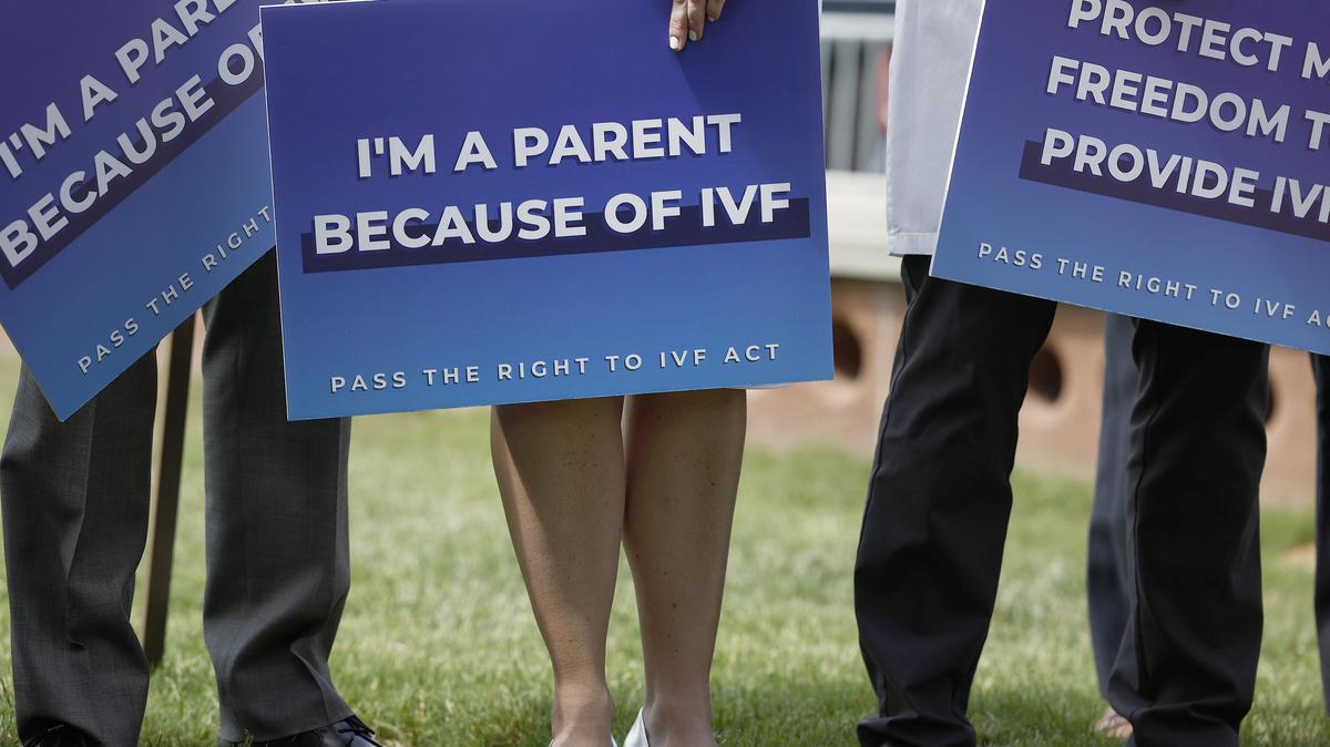 Medical workers and IVF patients listen during a news conference on access to in vitro fertilization (IVF) treatments outside of the U.S. Capitol Building on June 12, 2024 in Washington, DC. The Senate will take up the "Right to IVF Act" later this week. (Anna Moneymaker/Getty Images/TNS)