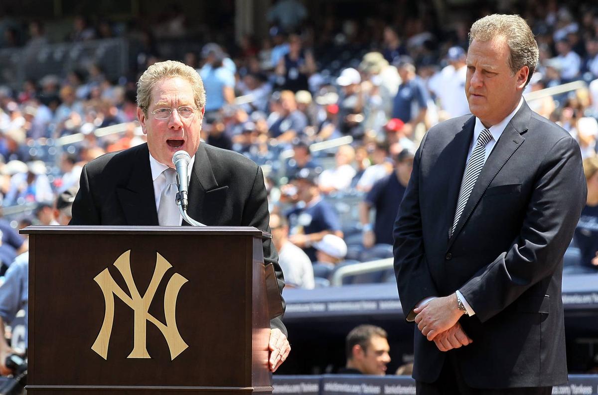  NEW YORK - JULY 17: Broadcasters John Sterling (L) and Michael Kay of the New York Yankees introduce the players during the teams 64th Old-Timer's Day before the MLB game against the Tampa Bay Rays on July 17, 2010 at Yankee Stadium in the Bronx borough of New York City. (Photo by Jim McIsaac/Getty Images) 