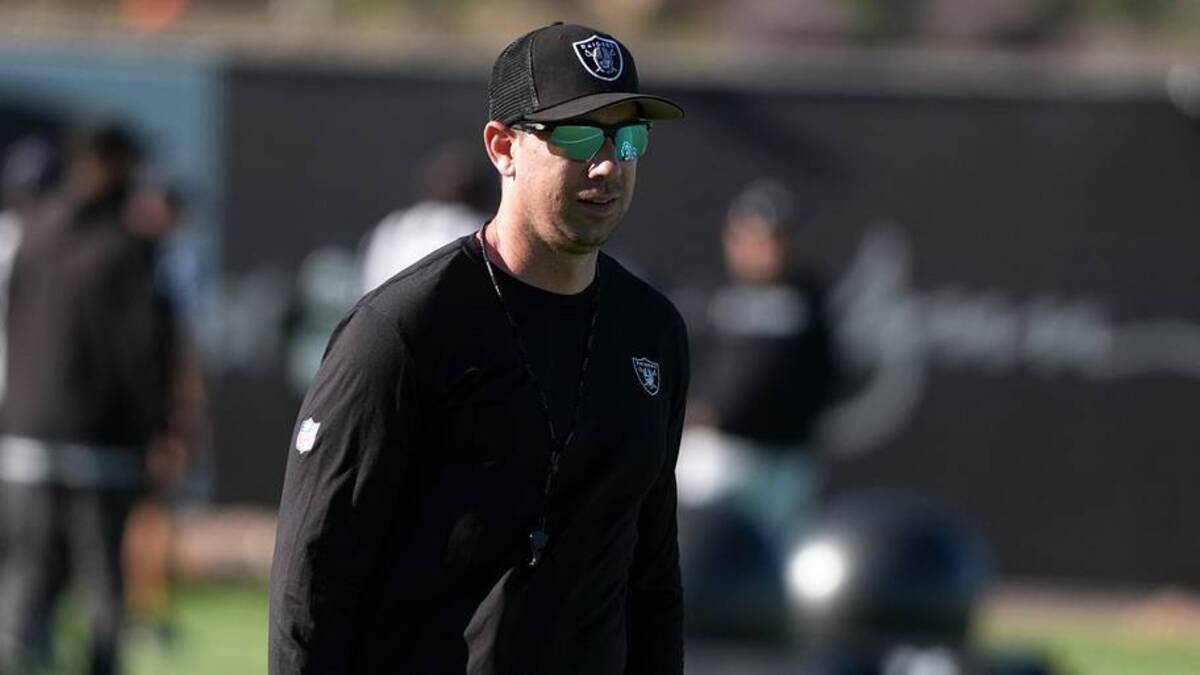  Jun 9, 2026; Henderson, NV, USA; Las Vegas Raiders coach Klint Kubiak during minicamp at Intermountain Health Performance Center. Mandatory Credit: Kirby Lee-Imagn Images | Kirby Lee-Imagn Images 