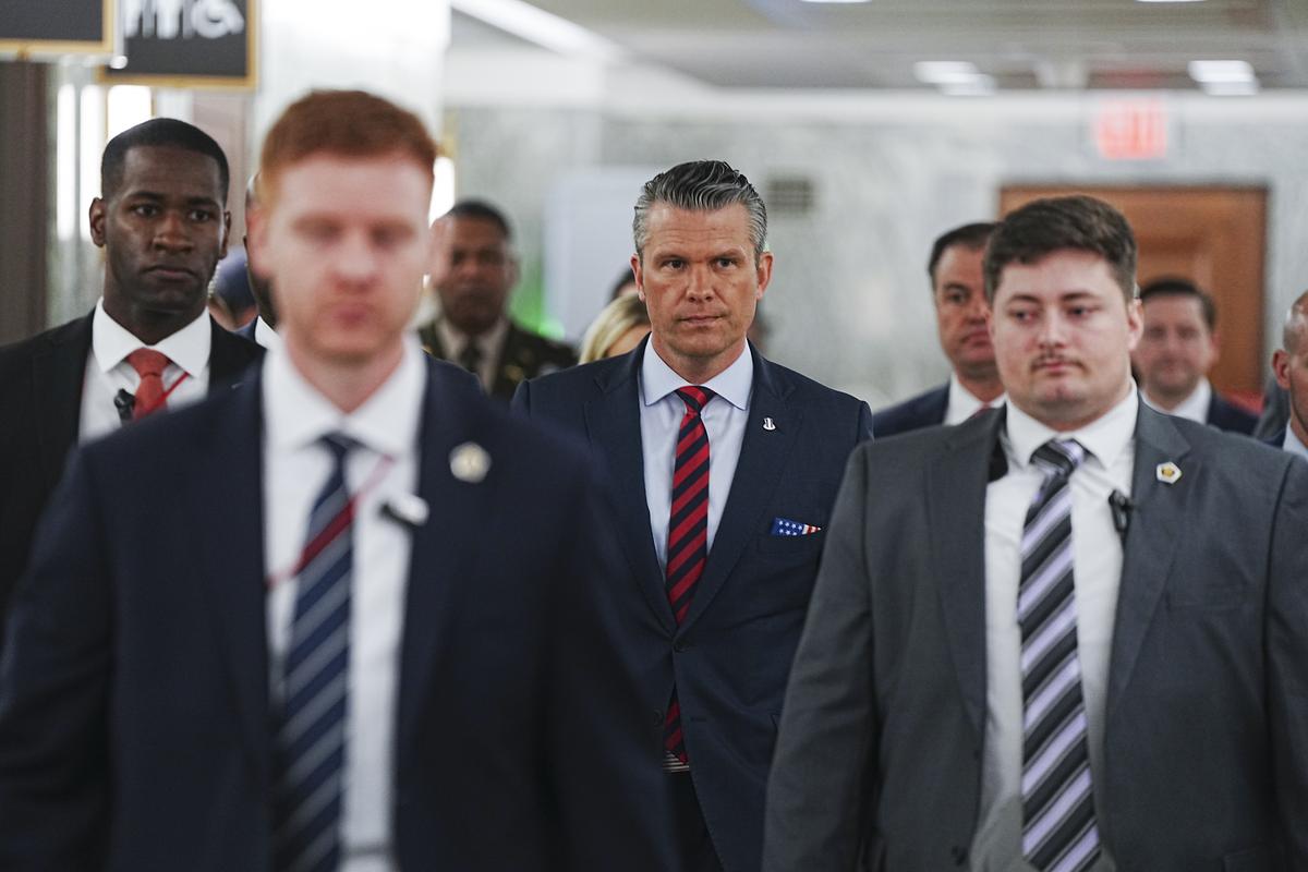 Defense Secretary Pete Hegseth walks to a Senate Appropriations subcommittee on defense hearing on the Department of Defense's budget request on Capitol Hill in Washington, on Tuesday, May 12, 2026. (Tierney L. Cross/The New York Times)