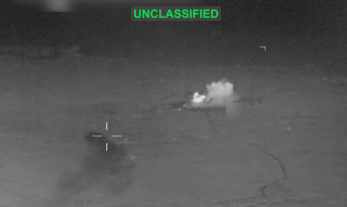 Smoke rises at an unknown location following what the U.S. Central Command says is a new wave of strikes against Iran on Tuesday after three tankers were hit by projectiles in the Strait of Hormuz, in this still image taken from video released July 7, 2026.    U.S. Central Command/Handout via REUTERS