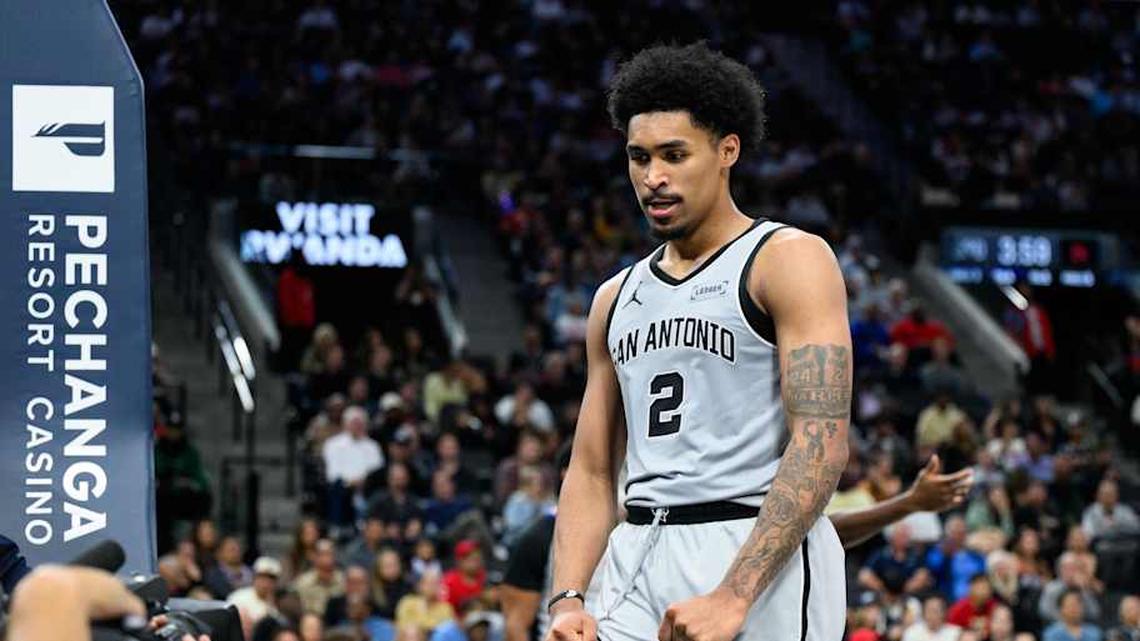  Apr 2, 2026; Inglewood, California, USA; San Antonio Spurs guard Dylan Harper (2) reacts after scoring during the second half against the Los Angeles Clippers at Intuit Dome. Mandatory Credit: William Liang-Imagn Images | William Liang-Imagn Images 