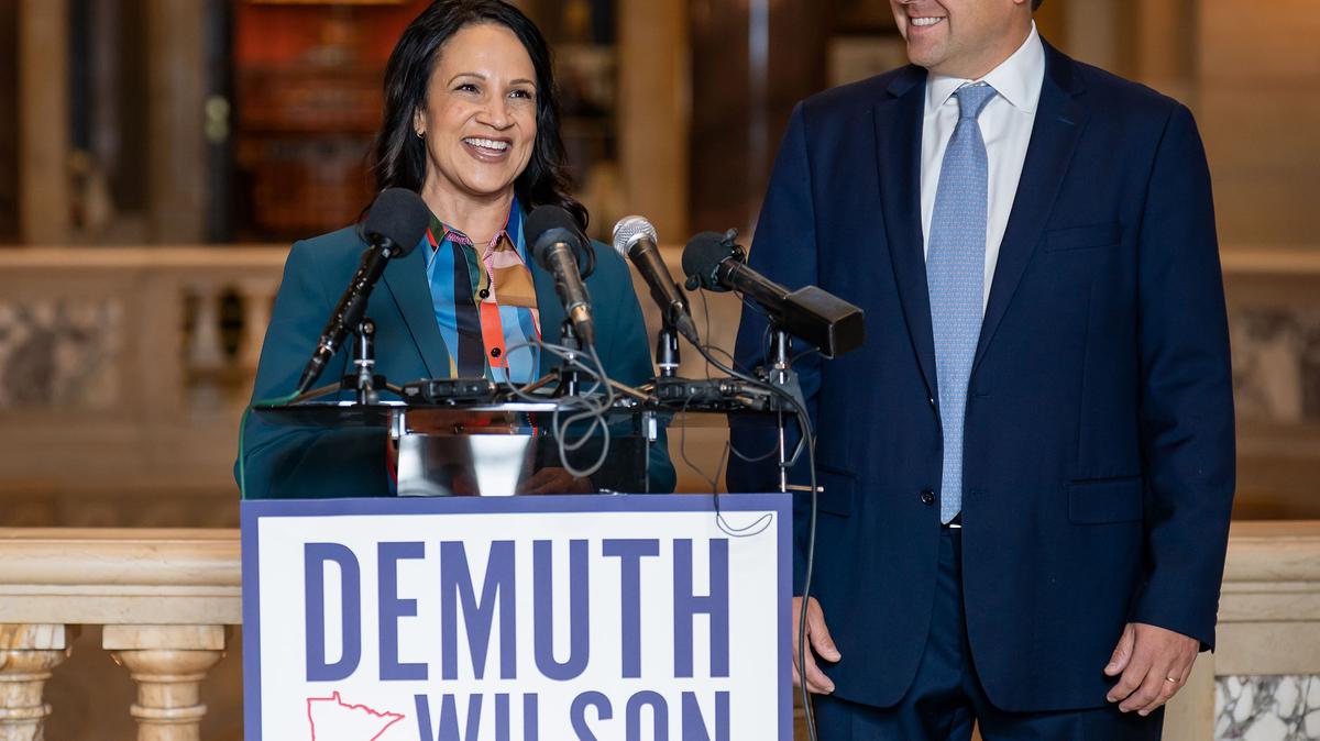 Minnesota gubernatorial candidate Lisa Demuth answers questions from the media next to running mate Ryan Wilson at the Capitol in St. Paul, Minn., on Nov. 10, 2025. (Claudia Staut/Pioneer Press/TNS)