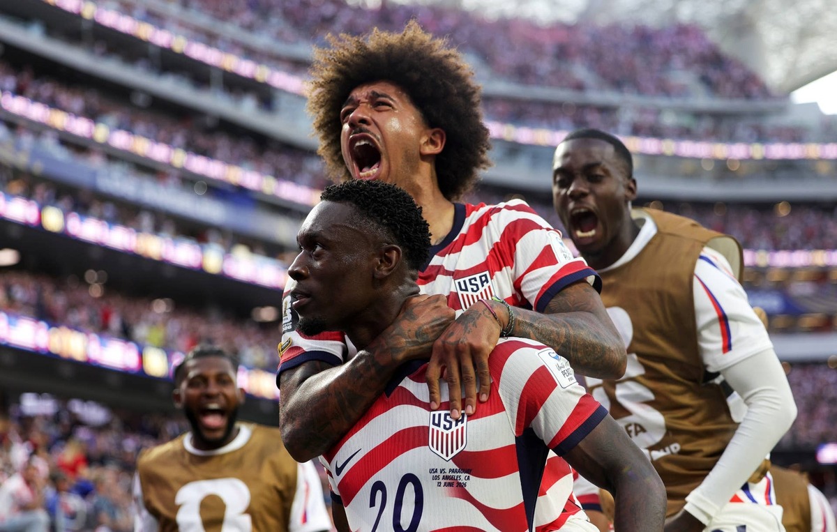  Folarin Balogun celebrates scoring his team's third goal with Chris Richards during the FIFA World Cup 2026 Group D match between USA and Paraguay. Photo by John Dorton/USSF/Getty Images