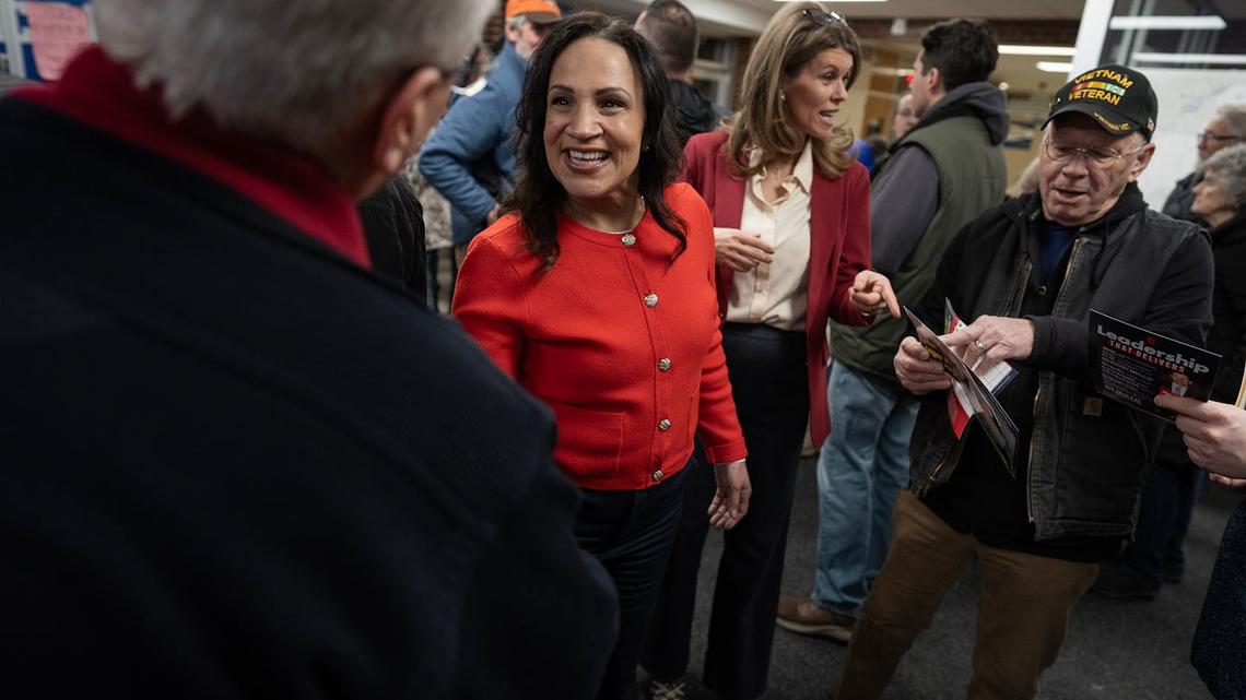 House Speaker Lisa Demuth greets Republican voters caucusing at Roosevelt Middle School in Blaine on Feb. 3, 2026. (Richard Tsong-Taatarii/The Minnesota Star Tribune/TNS)