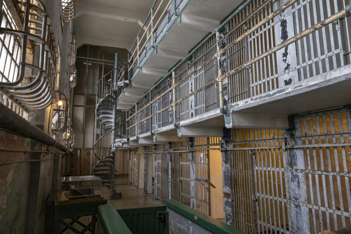 A cell block of Alcatraz, the infamous prison located on an island in San Francisco Bay.