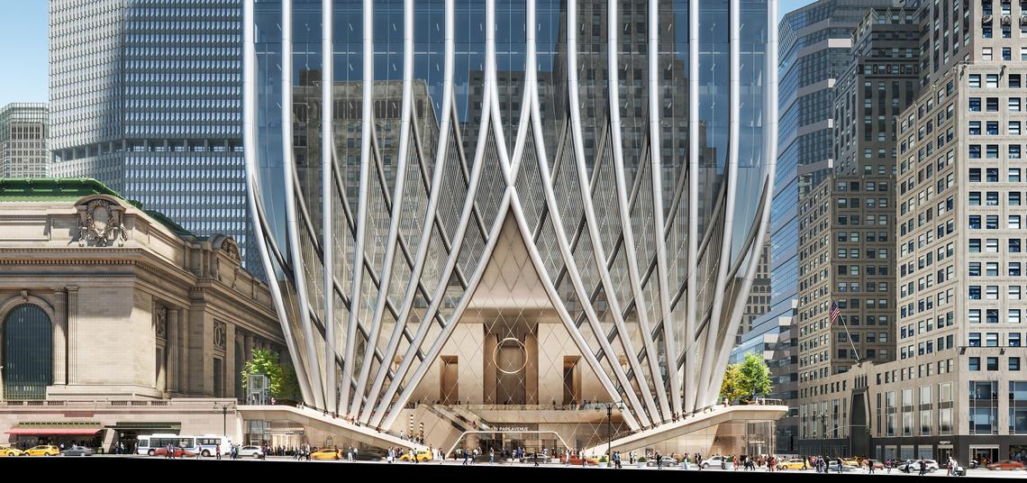  A rendering of the base of the 175 Park Avenue tower, which features intertwined metal columns that form two separate bundles at the base of the building. 