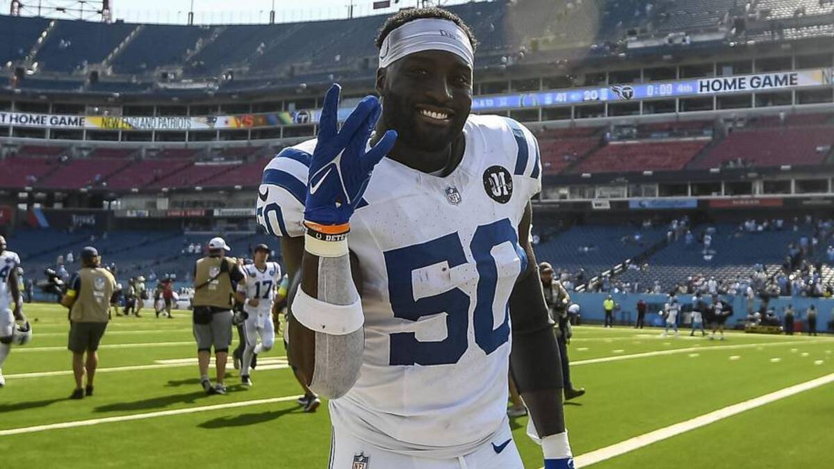  Sep 21, 2025; Nashville, Tennessee, USA; Indianapolis Colts linebacker Segun Olubi (50) after the game at Nissan Stadium. Mandatory Credit: Steve Roberts-Imagn Images | Steve Roberts-Imagn Images 