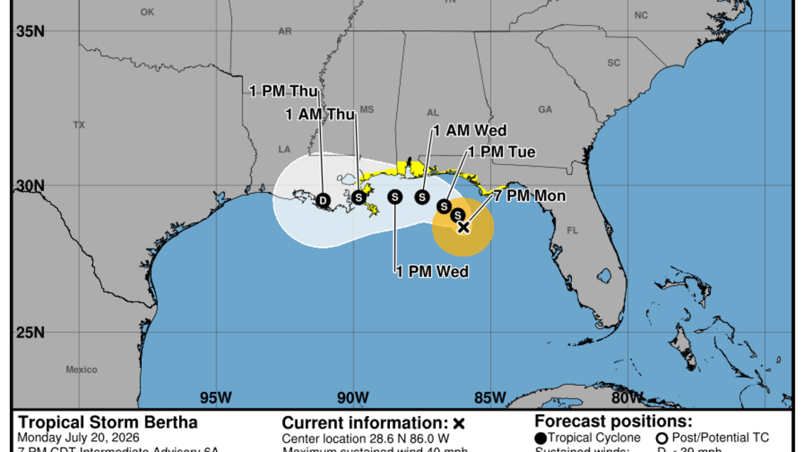 Monday, July 20: System receives name Tropical Storm Bertha with latest National Hurricane Center advisory 