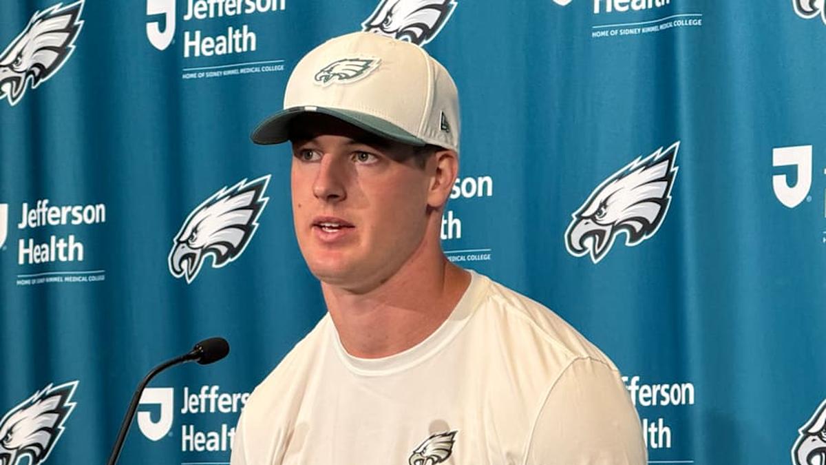  Eagles backup quarterback Tanner McKee talks with reporters after an impressive performance in beating the Bengals in the preseason opener. | Ed Kracz/Eagles on SI 