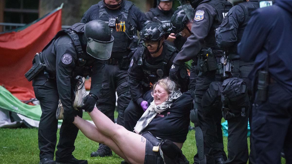 Police arrest a protester on the University of Pennsylvania campus in Philadelphia on May 10, 2024. (Jessica Griffin/The Philadelphia Inquirer/TNS)
