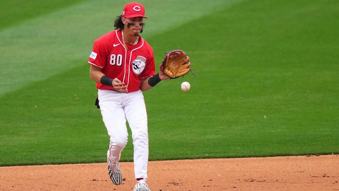  Cincinnati Reds shortstop Edwin Arroyo (80) fields a groundball in the eighth inning during a MLB spring training baseball game, Monday, Feb. 26, 2024, at Goodyear Ballpark in Goodyear, Ariz. | Kareem Elgazzar/The Enquirer / USA TODAY NETWORK 