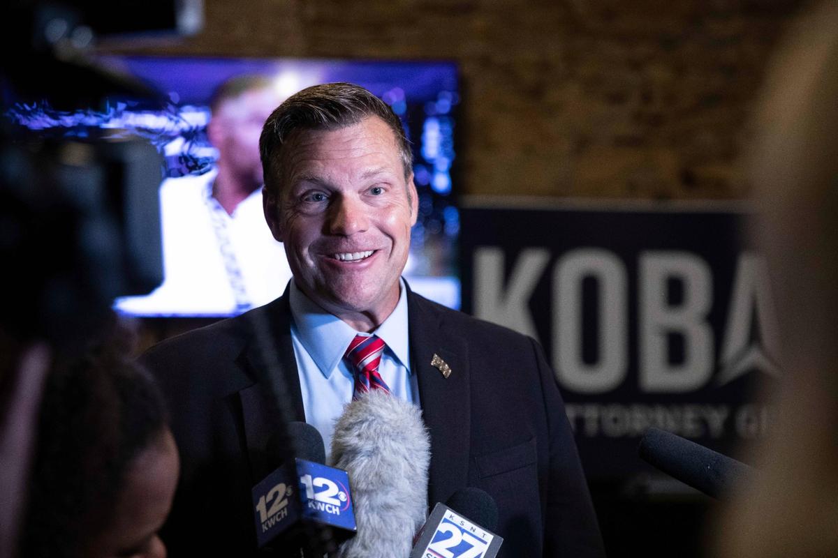 Kris Kobach delivers his final remarks in the August primary election as the results come in during his watch party at the Celtic Fox Irish Pub and Restaurant in Topeka.