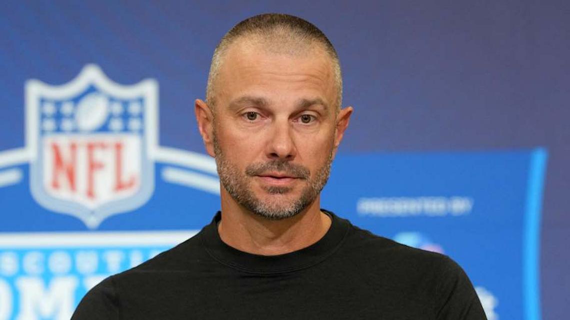  Feb 24, 2026; Indianapolis, IN, USA; Las Vegas Raiders general manager John Spytek speaks at the NFL Scouting Combine at the Indiana Convention Center. Mandatory Credit: Kirby Lee-Imagn Images | Kirby Lee-Imagn Images 
