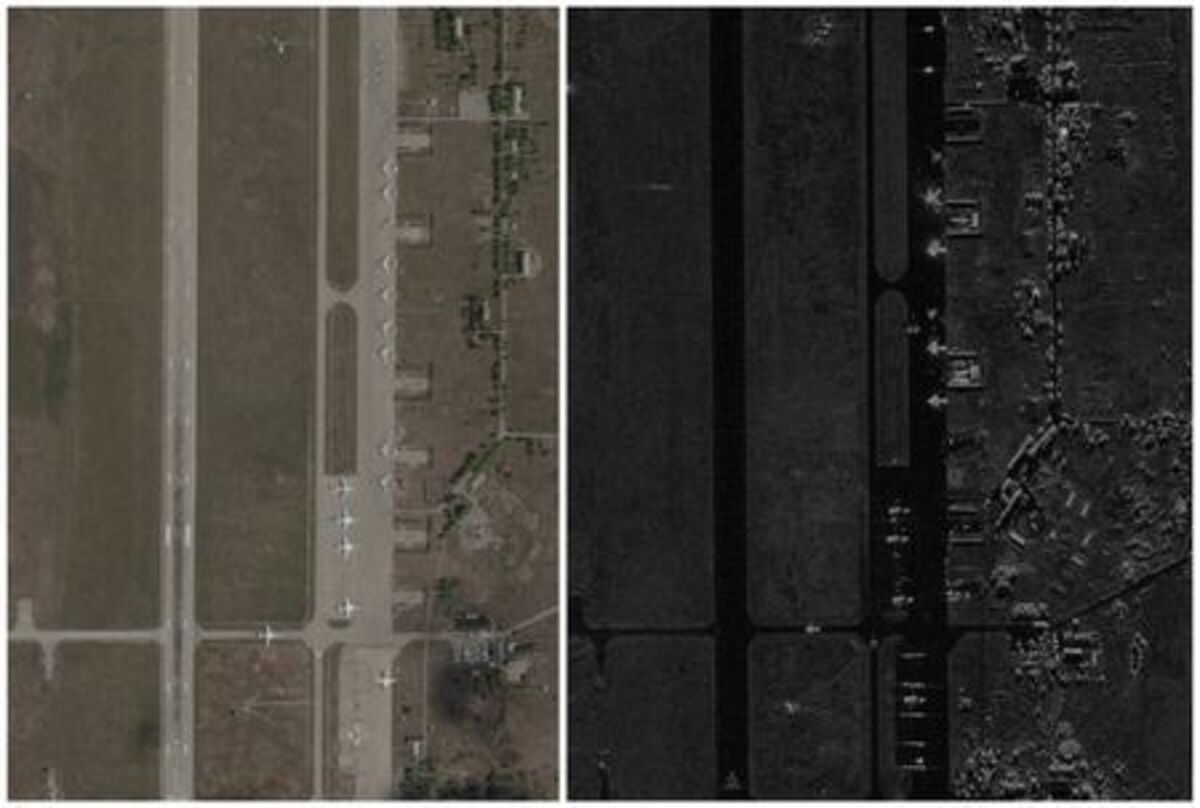 A combination picture shows satellite images of the Belaya airfield, before and after the Ukrainian drones attack targeting Russian military airfields, amid Russia's ongoing invasion of Ukraine, in Irkutsk region, Russia, May 17, 2025 on the left, and June 2, 2025 on the right. 2025 Planet Labs PBC (left) & Capella Space/Handout via REUTERS