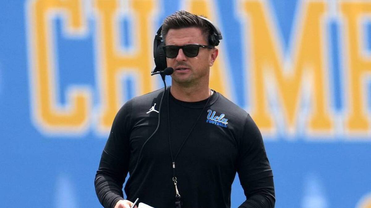  May 2, 2026; Pasadena, CA, USA; UCLA Bruins coach Bob Chesney reacts during the spring game at Rose Bowl. Mandatory Credit: Kirby Lee-Imagn Images | Kirby Lee-Imagn Images 