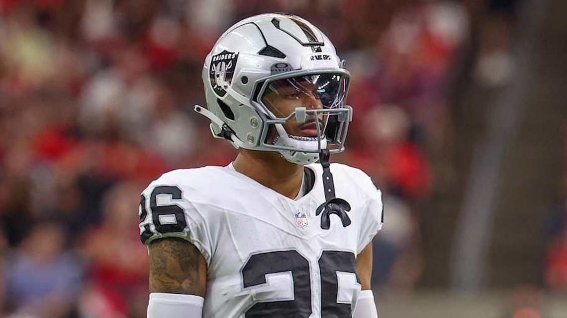  Dec 21, 2025; Houston, Texas, USA; Las Vegas Raiders cornerback Darien Porter (26) during a television timeout against the Houston Texans in the first quarter at NRG Stadium. Mandatory Credit: Thomas Shea-Imagn Images | Thomas Shea-Imagn Images 