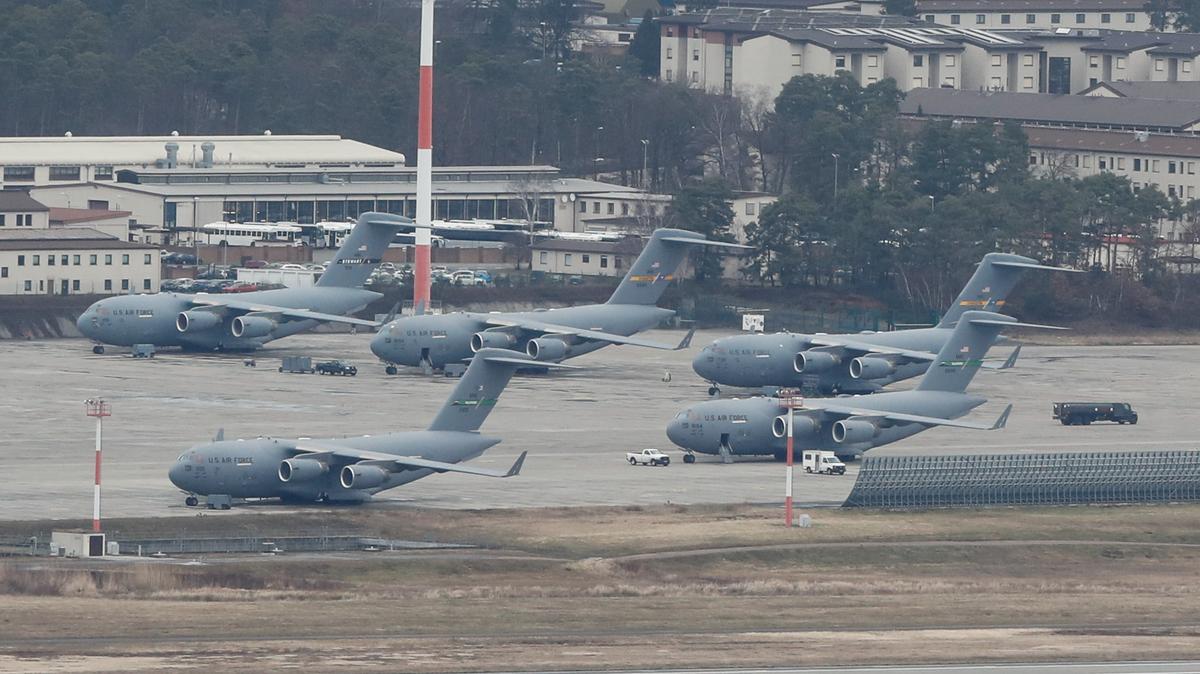 FILE PHOTO: U.S. Aircrafts are seen at the U.S. airbase in Ramstein, Germany February 4, 2022. REUTERS/Arnd Wiegmann/File Photo