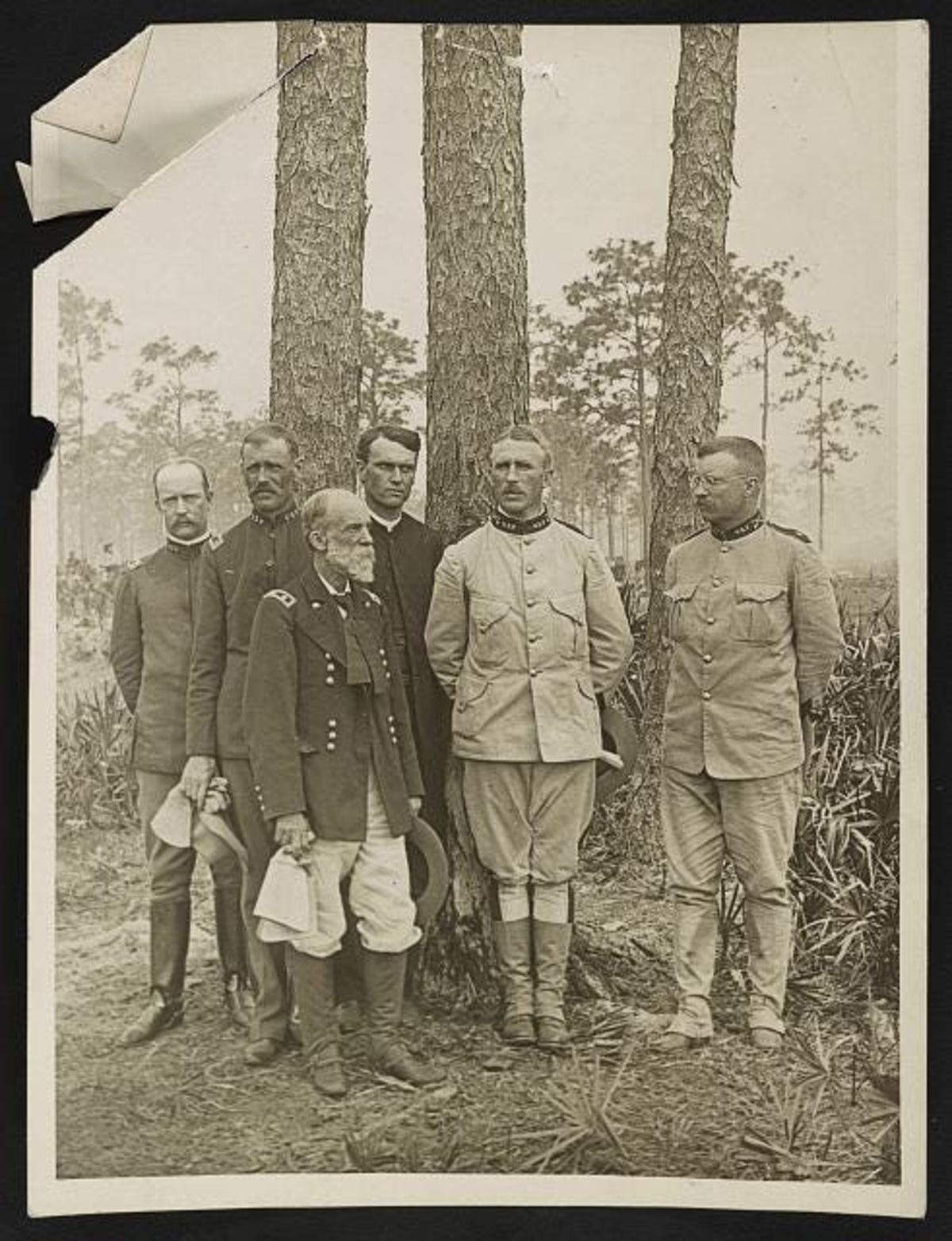 Photo of Col. Theodore Roosevelt, far right, and other members of the 1st U.S. Volunteer Regiment, better known as the "Rough Riders," in Tampa, Florida, in 1898.