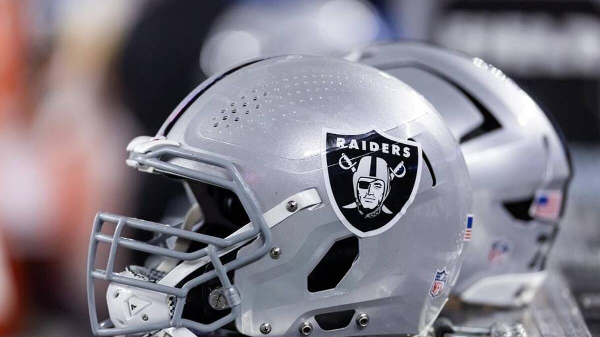 Aug 23, 2025; Glendale, Arizona, USA; Detailed view of a Las Vegas Raiders helmet during a preseason NFL game at State Farm Stadium. Mandatory Credit: Mark J. Rebilas-Imagn Images | Mark J. Rebilas-Imagn Images 