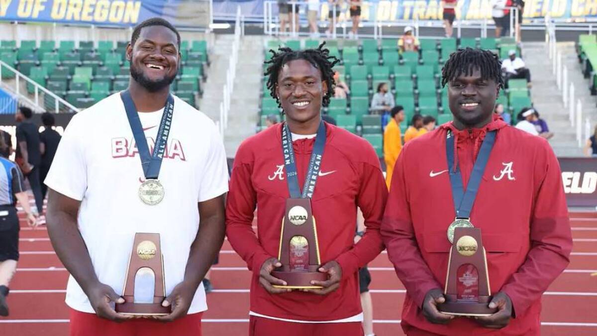  Alabama Track Athlete Christopher Crawford (Throws), Alabama Track Athlete Samuel Ogazi (Sprints) and Alabama Track Athlete Christopher Young (Throws) in action against NCAA Outdoor T&F Championships at Hayward Field in Eugene, OR on Friday, Jun 12, 2026. | UA Athletics 