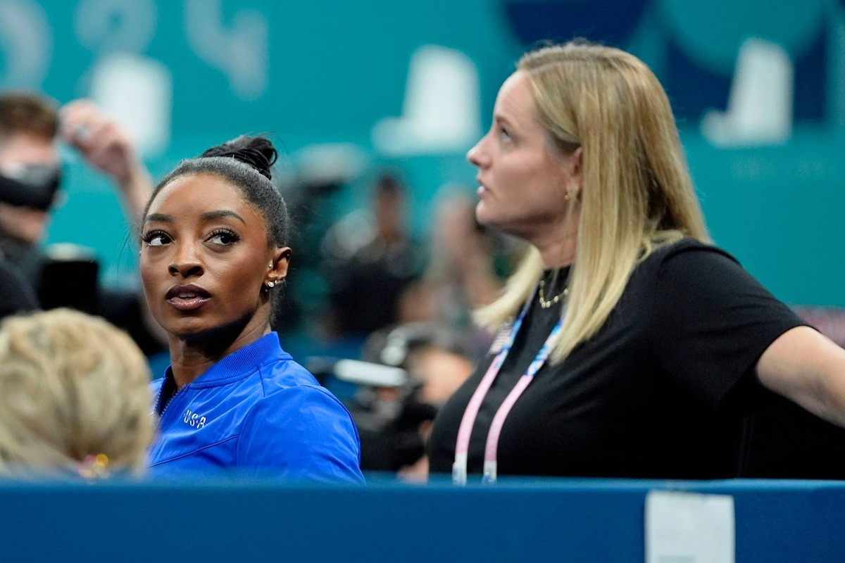 Simone Biles of the United States reacts after competing at the Paris Olympics. Jack Gruber-Imagn Images