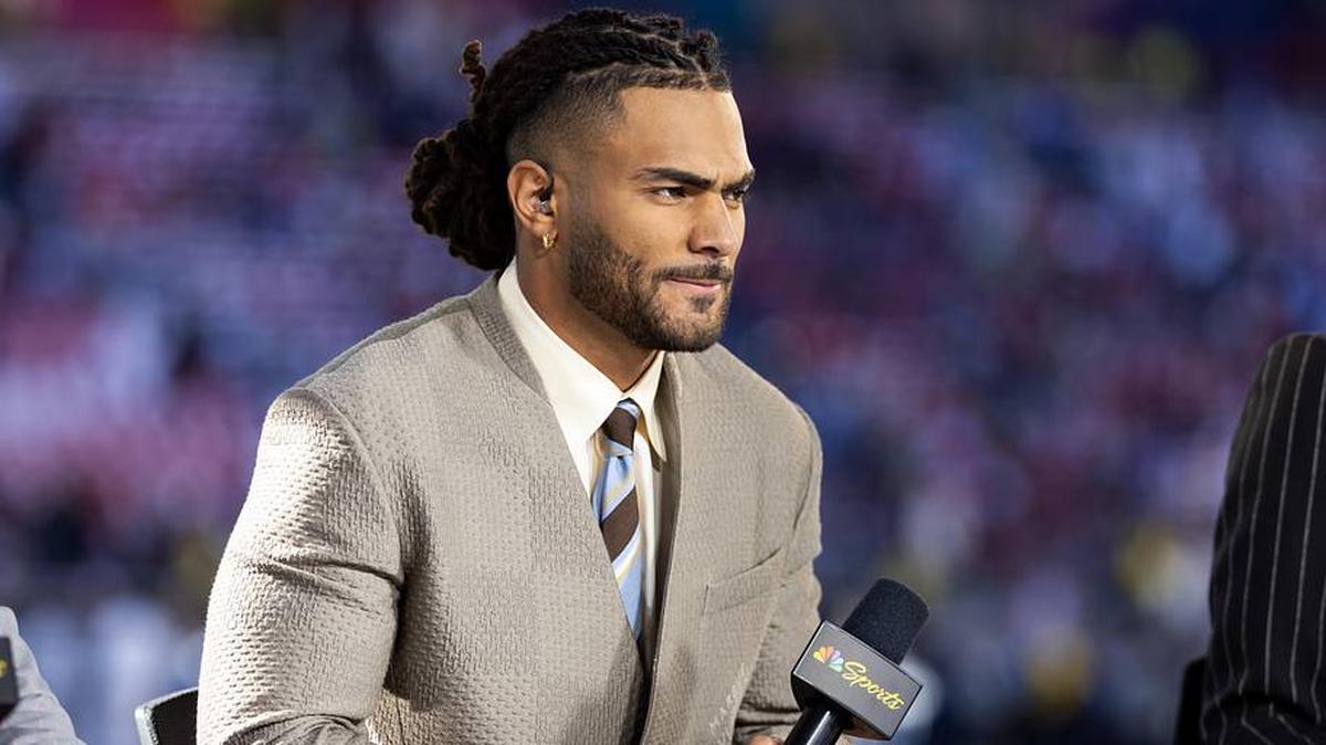 Feb 8, 2026; Santa Clara, CA, USA; NBC Sports analyst Fred Warner prior to the New England Patriots game against the Seattle Seahawks in Super Bowl LX at Levi's Stadium. Mandatory Credit: Mark J. Rebilas-Imagn Images. 