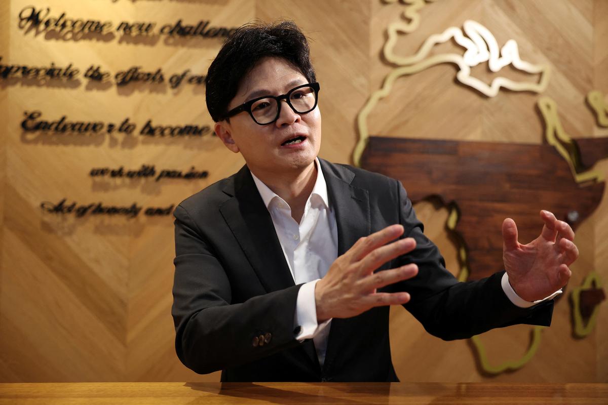 Han Dong-hoon, former leader of the People Power Party, attends an interview with Reuters in Busan, South Korea, April 27, 2026. REUTERS/Kim Hong-Ji