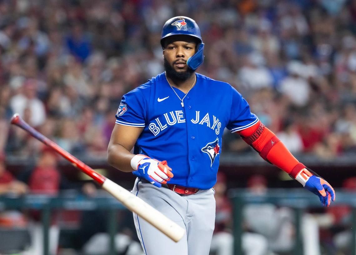  Toronto Blue Jays first baseman Vladimir Guerrero Jr. against the Arizona Diamondbacks. © Mark J. Rebilas-Imagn Images