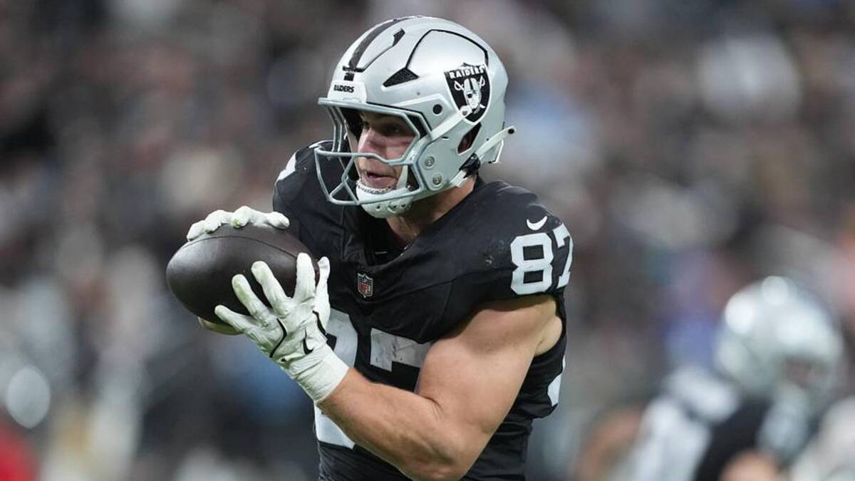  Dec 28, 2025; Paradise, Nevada, USA; Las Vegas Raiders tight end Michael Mayer (87) makes a catch in the second half against the New York Giants at Allegiant Stadium. Mandatory Credit: Kirby Lee-Imagn Images | Kirby Lee-Imagn Images 