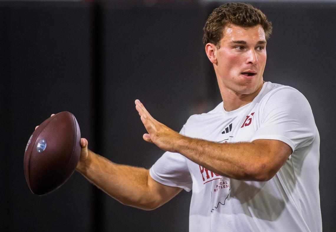  Fernando Mendoza participates in Indiana University's Pro Day at Mellencamp Pavilion on Wednesday, April 1, 2026. 