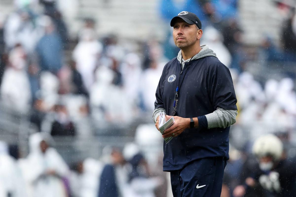  Penn State coach Matt Campbell looks on from the field during the Penn State Blue-White Spring game at Beaver Stadium on April 25, 2026, in University Park, Pennsylvania. Matthew O'Haren-Imagn Images