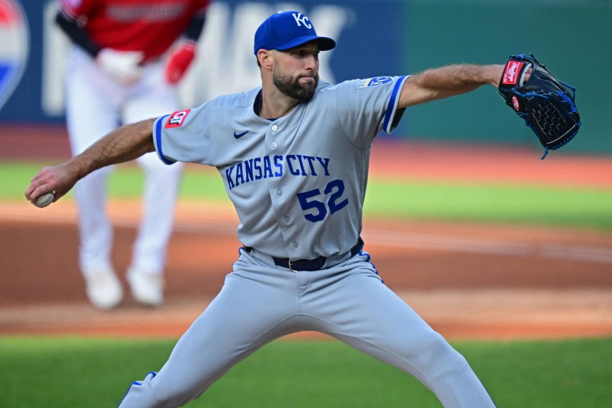  Apr 6, 2026; Cleveland, Ohio, USA; Kansas City Royals starting pitcher Michael Wacha (52) delivers during the first inning against the Cleveland Guardians at Progressive Field. Mandatory Credit: David Dermer-Imagn Images © David Dermer-Imagn Images 