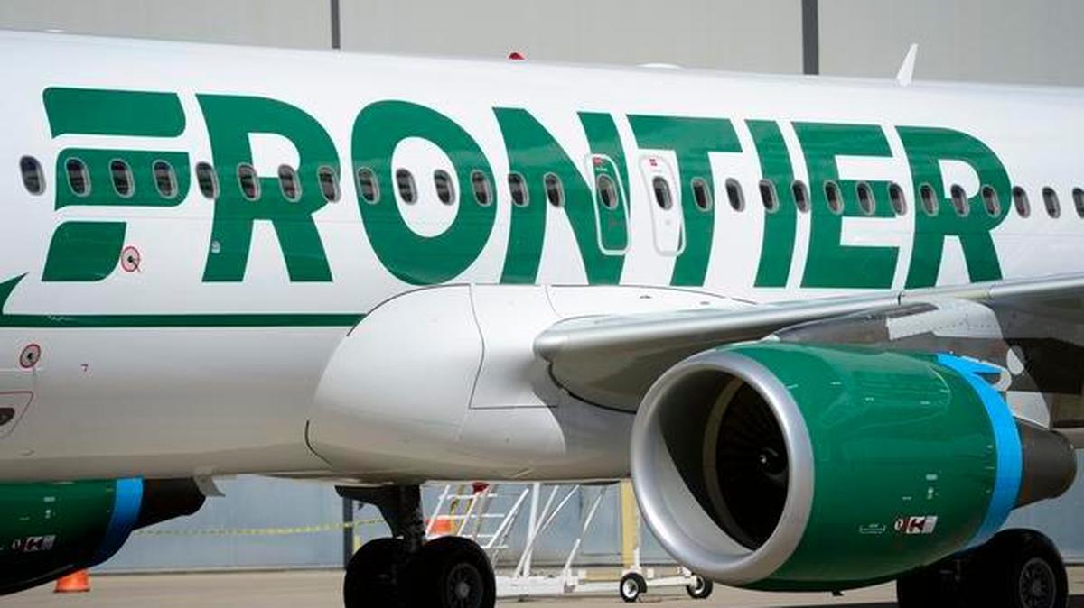 A Frontier Airlines Airbus A320 is pictured at Denver International Airport in Denver.