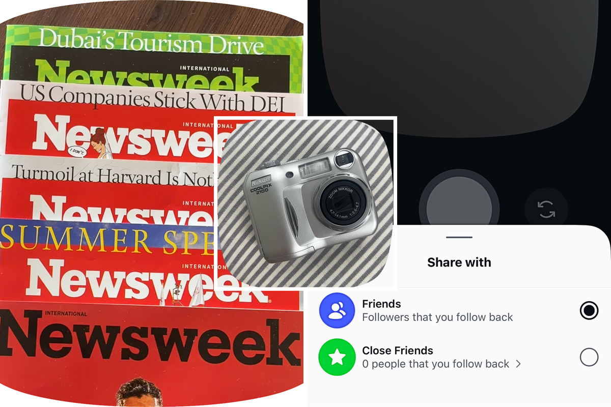  Screengrabs from Instagram’s Instant’s feature including a stack of Newsweek magazines (L); a digital camera and an Instagram page. 